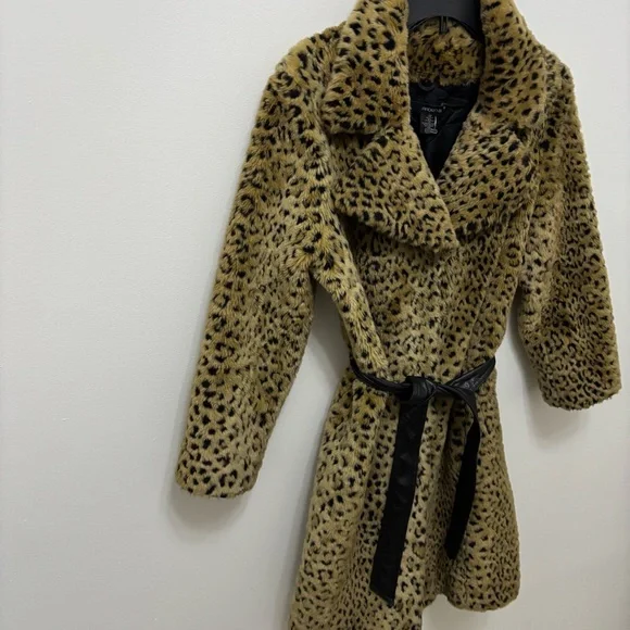 Y2K 90s Faux Fur Leopard Coat Arden B Belted Womens Medium - Picture 4 of 11
